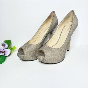 Enzo Angiolini Eatanen Gold Silver Glittery Shimmer-Effect Platform Open Toe P…